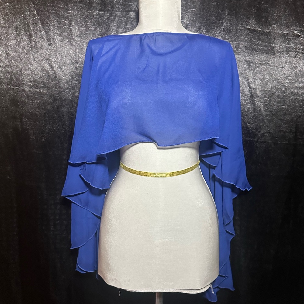 Elegant Blue Ruffle Shawl / Sheer Cape | Evening Wrap, Formal, Wedding Guest